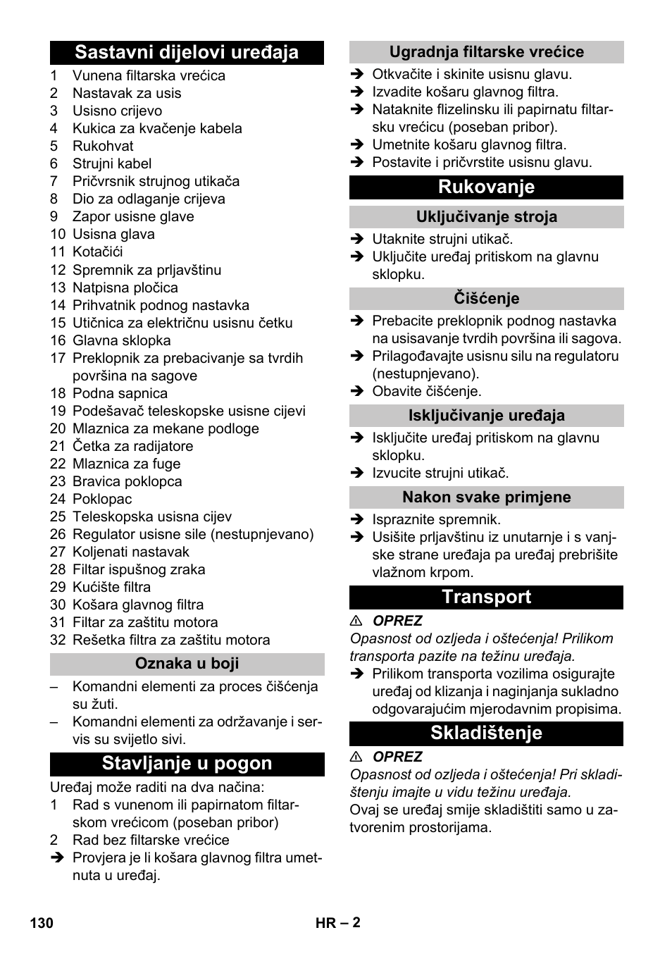 Sastavni dijelovi uređaja, Oznaka u boji, Stavljanje u pogon | Ugradnja filtarske vrećice, Rukovanje, Uključivanje stroja, Čišćenje, Isključivanje uređaja, Nakon svake primjene, Transport | Karcher T 15-1 eco!efficiency User Manual | Page 130 / 176