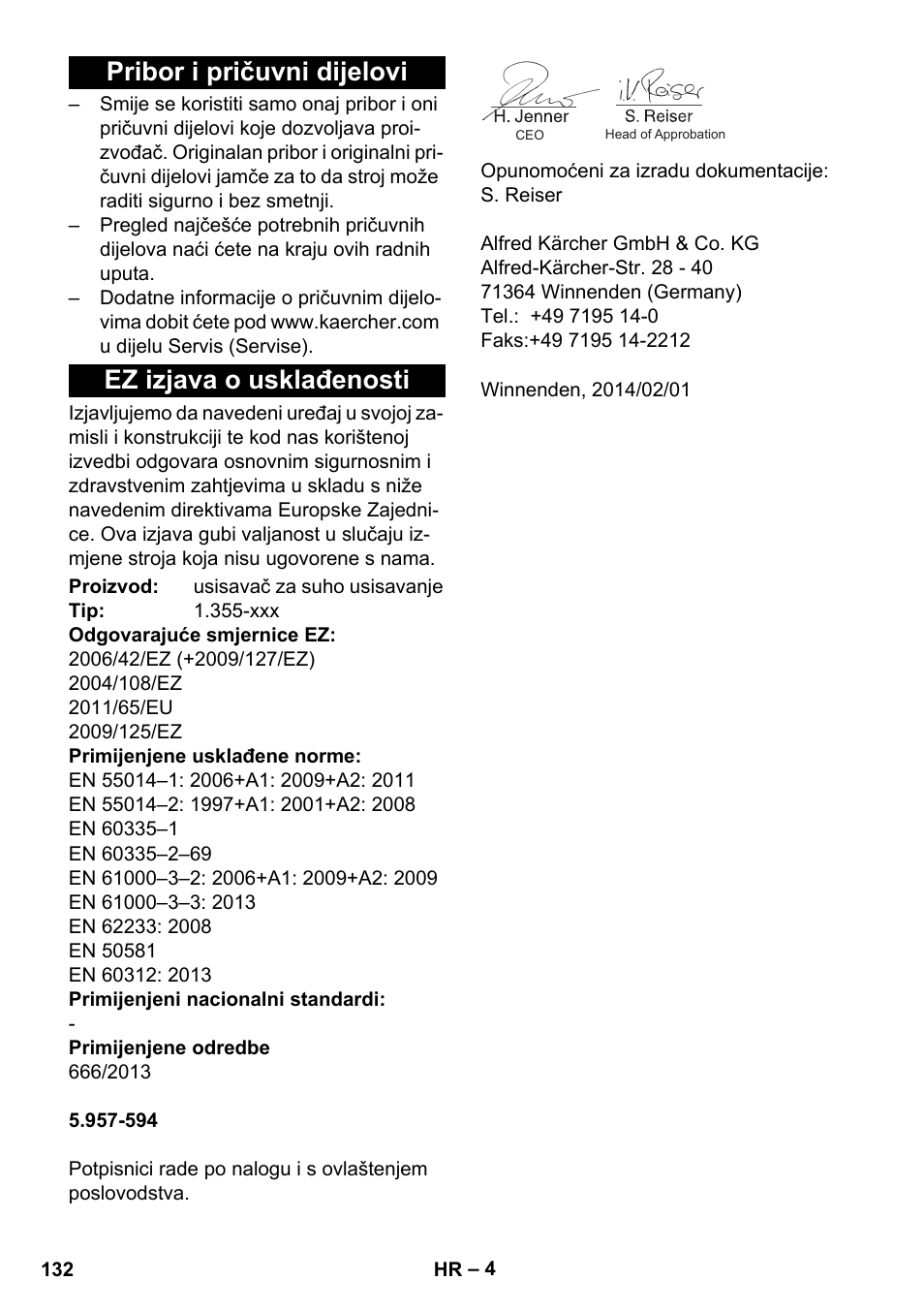 Pribor i pričuvni dijelovi, Ez izjava o usklađenosti | Karcher T 15-1 eco!efficiency User Manual | Page 132 / 176