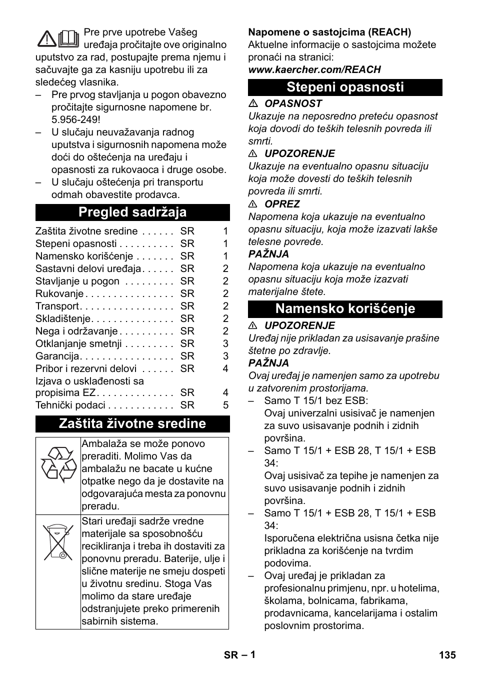 Srpski, Pregled sadržaja, Zaštita životne sredine | Stepeni opasnosti, Namensko korišćenje, Stepeni opasnosti namensko korišćenje | Karcher T 15-1 eco!efficiency User Manual | Page 135 / 176