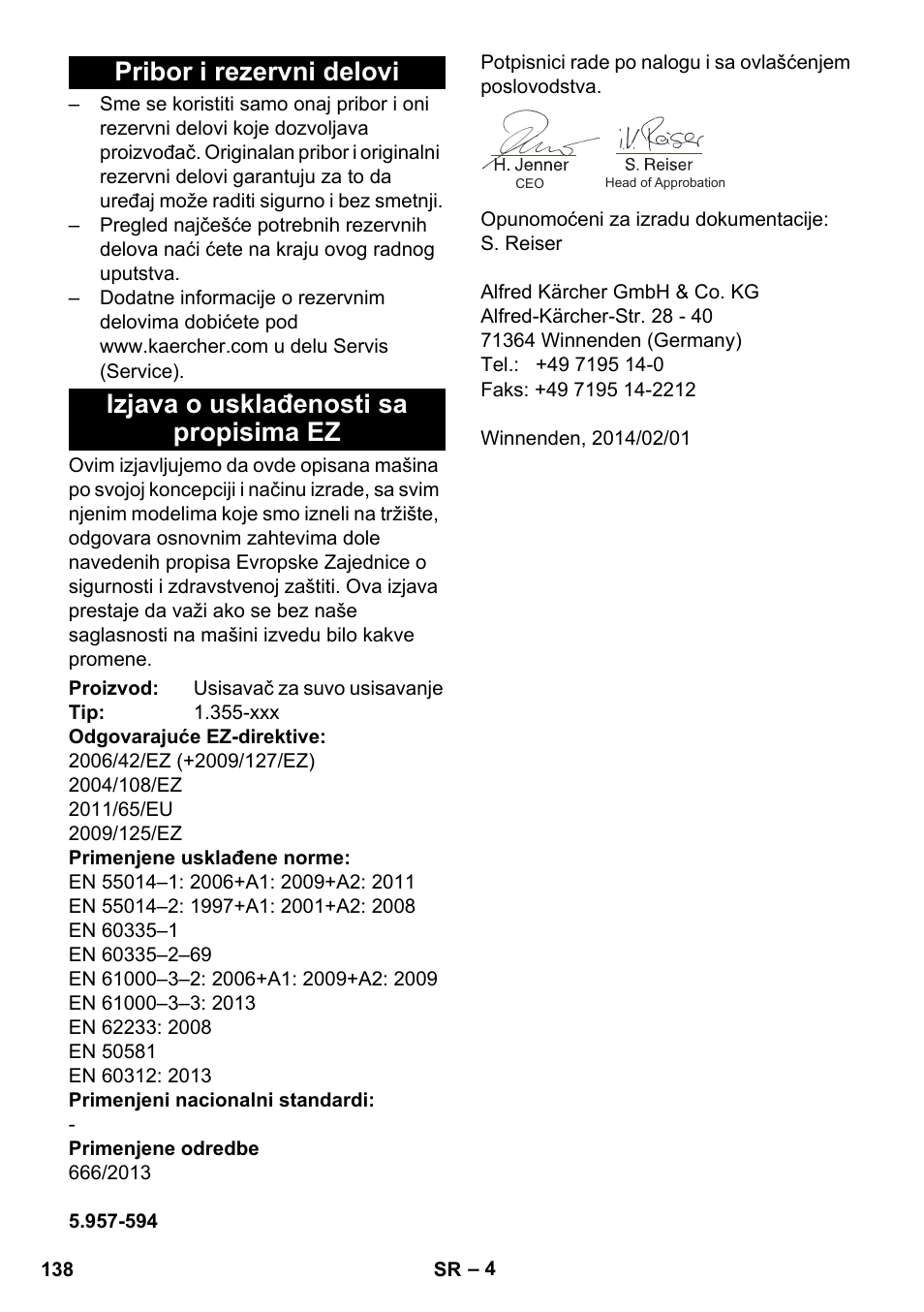 Pribor i rezervni delovi, Izjava o usklađenosti sa propisima ez | Karcher T 15-1 eco!efficiency User Manual | Page 138 / 176