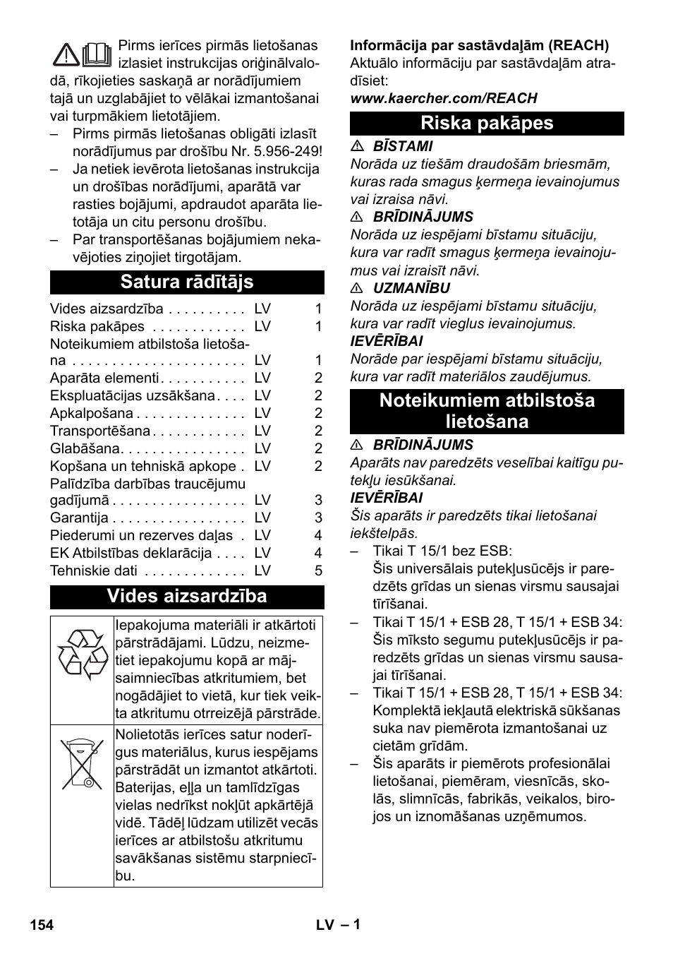 Latviešu, Satura rādītājs, Vides aizsardzība | Riska pakāpes, Noteikumiem atbilstoša lietošana | Karcher T 15-1 eco!efficiency User Manual | Page 154 / 176