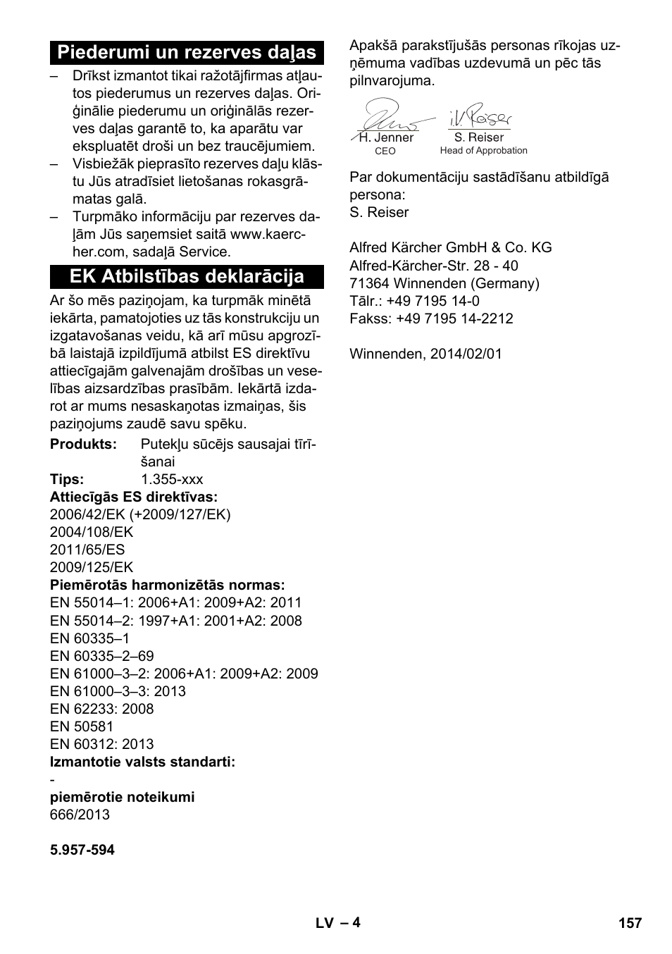 Piederumi un rezerves daļas, Ek atbilstības deklarācija | Karcher T 15-1 eco!efficiency User Manual | Page 157 / 176