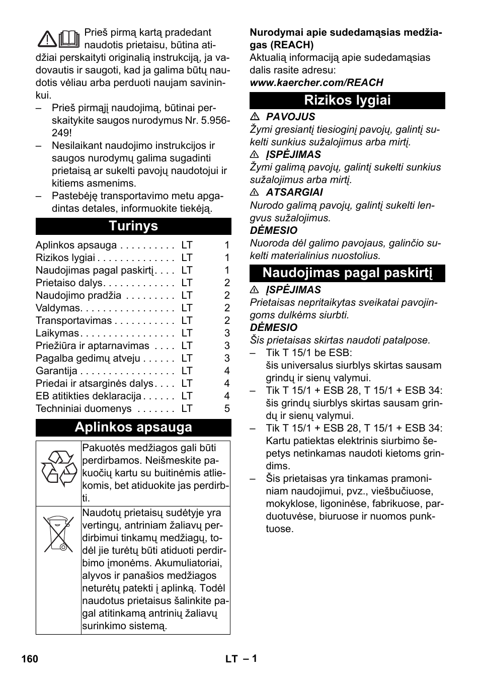 Lietuviškai, Turinys, Aplinkos apsauga | Rizikos lygiai, Naudojimas pagal paskirtį, Rizikos lygiai naudojimas pagal paskirtį | Karcher T 15-1 eco!efficiency User Manual | Page 160 / 176