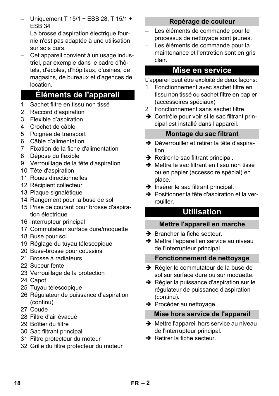 Éléments de l'appareil, Repérage de couleur, Mise en service | Montage du sac filtrant, Utilisation, Mettre l'appareil en marche, Fonctionnement de nettoyage, Mise hors service de l'appareil | Karcher T 15-1 eco!efficiency User Manual | Page 18 / 176