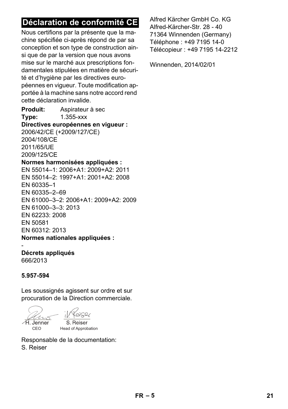 Déclaration de conformité ce | Karcher T 15-1 eco!efficiency User Manual | Page 21 / 176