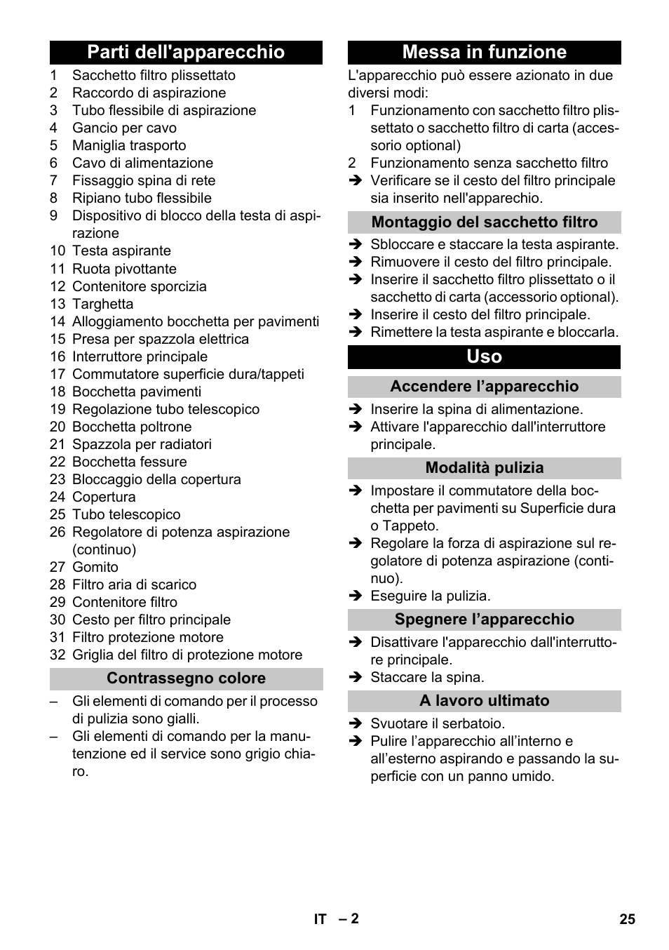 Parti dell'apparecchio, Contrassegno colore, Messa in funzione | Montaggio del sacchetto filtro, Accendere l’apparecchio, Modalità pulizia, Spegnere l’apparecchio, A lavoro ultimato | Karcher T 15-1 eco!efficiency User Manual | Page 25 / 176