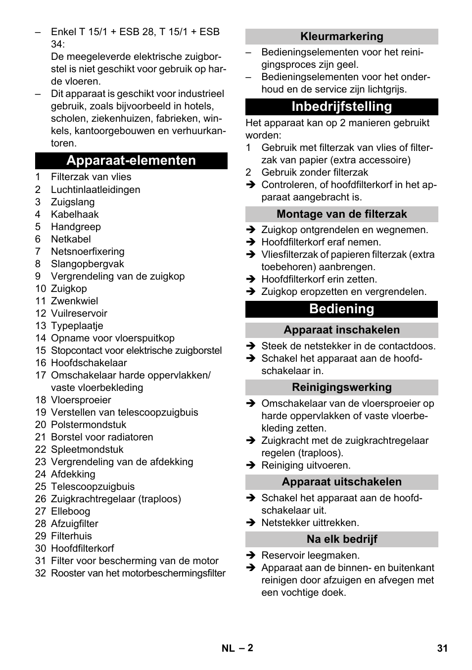 Apparaat-elementen, Kleurmarkering, Inbedrijfstelling | Montage van de filterzak, Bediening, Apparaat inschakelen, Reinigingswerking, Apparaat uitschakelen, Na elk bedrijf | Karcher T 15-1 eco!efficiency User Manual | Page 31 / 176