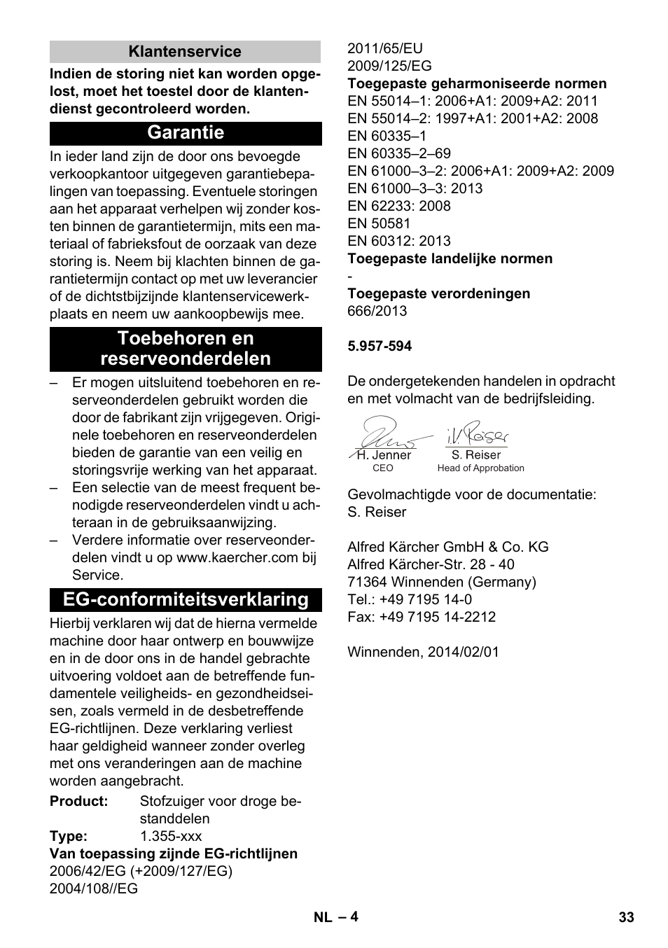 Klantenservice, Garantie, Toebehoren en reserveonderdelen | Eg-conformiteitsverklaring | Karcher T 15-1 eco!efficiency User Manual | Page 33 / 176