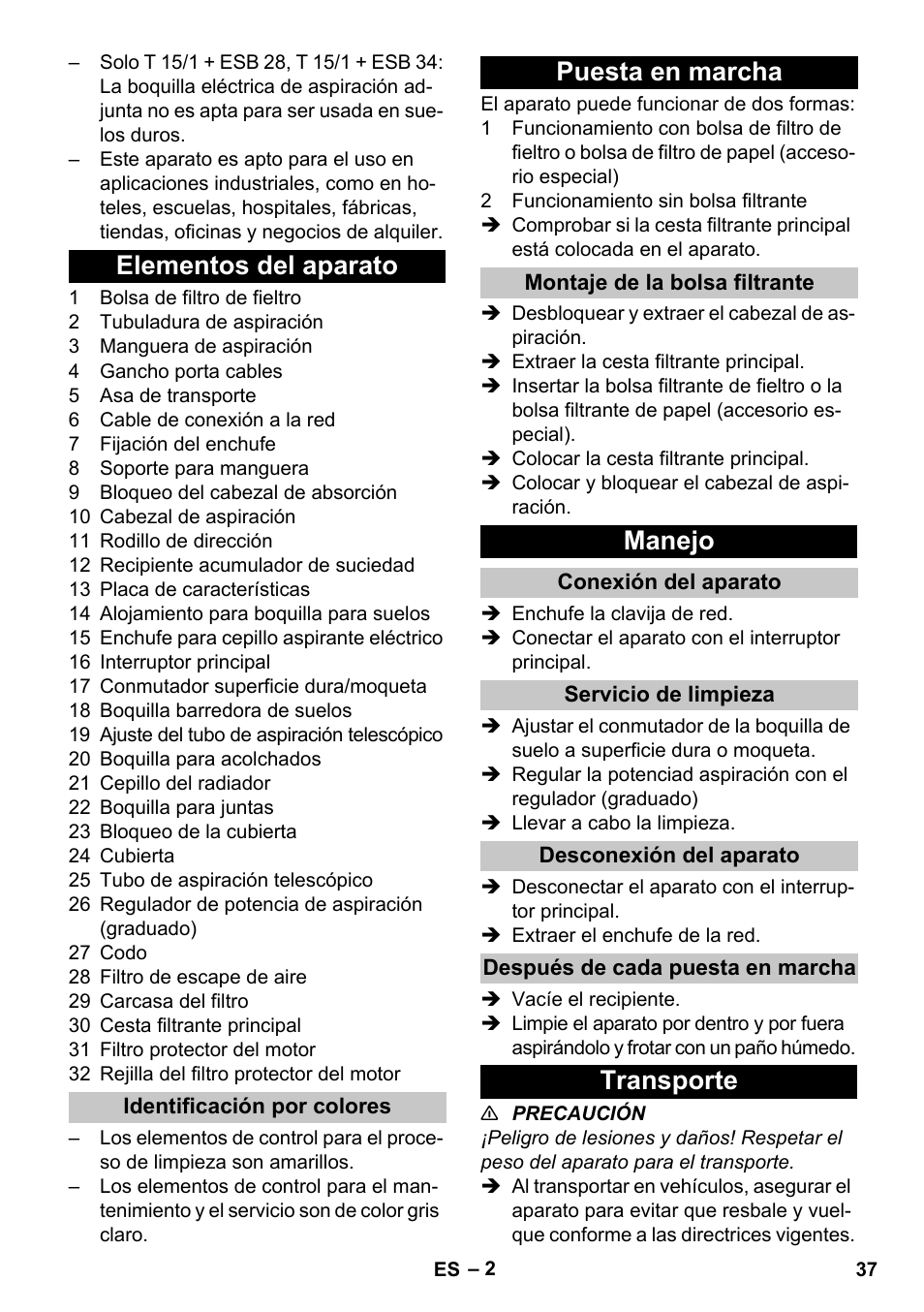 Elementos del aparato, Identificación por colores, Puesta en marcha | Montaje de la bolsa filtrante, Manejo, Conexión del aparato, Servicio de limpieza, Desconexión del aparato, Después de cada puesta en marcha, Transporte | Karcher T 15-1 eco!efficiency User Manual | Page 37 / 176