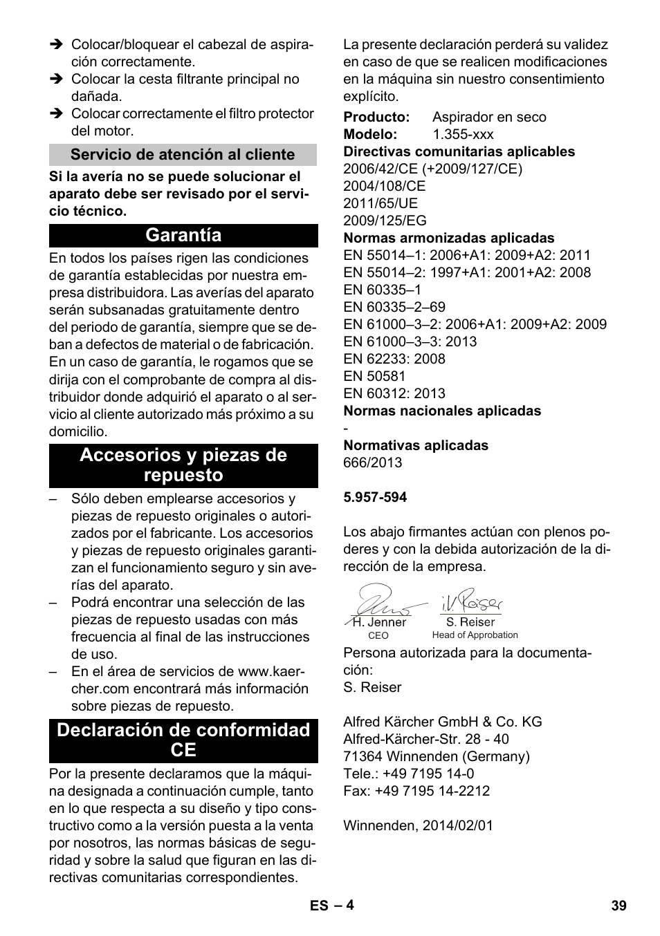 Servicio de atención al cliente, Garantía, Accesorios y piezas de repuesto | Declaración de conformidad ce | Karcher T 15-1 eco!efficiency User Manual | Page 39 / 176