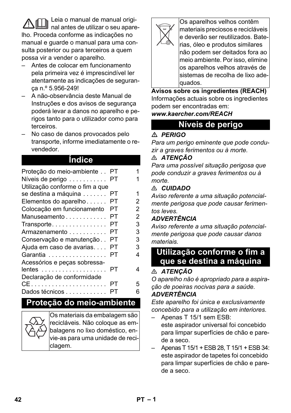 Português, Índice, Proteção do meio-ambiente | Níveis de perigo | Karcher T 15-1 eco!efficiency User Manual | Page 42 / 176