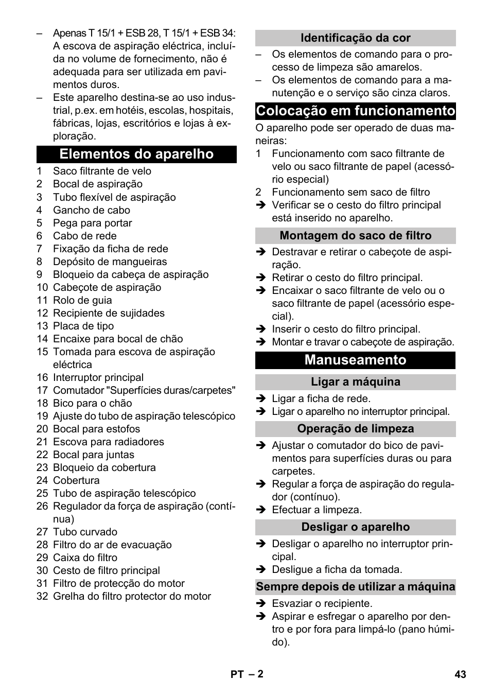 Elementos do aparelho, Identificação da cor, Colocação em funcionamento | Montagem do saco de filtro, Manuseamento, Ligar a máquina, Operação de limpeza, Desligar o aparelho, Sempre depois de utilizar a máquina | Karcher T 15-1 eco!efficiency User Manual | Page 43 / 176