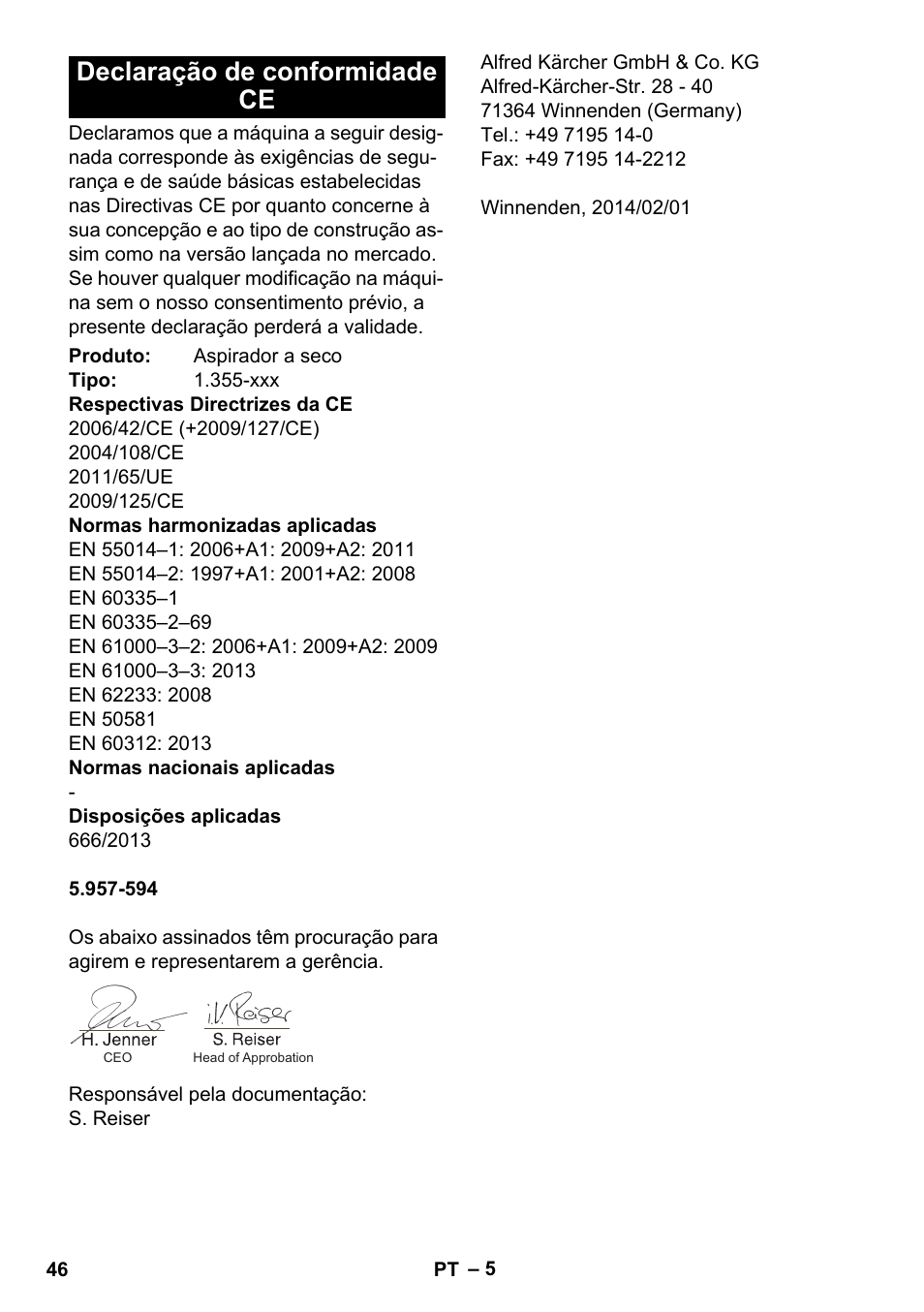 Declaração de conformidade ce | Karcher T 15-1 eco!efficiency User Manual | Page 46 / 176