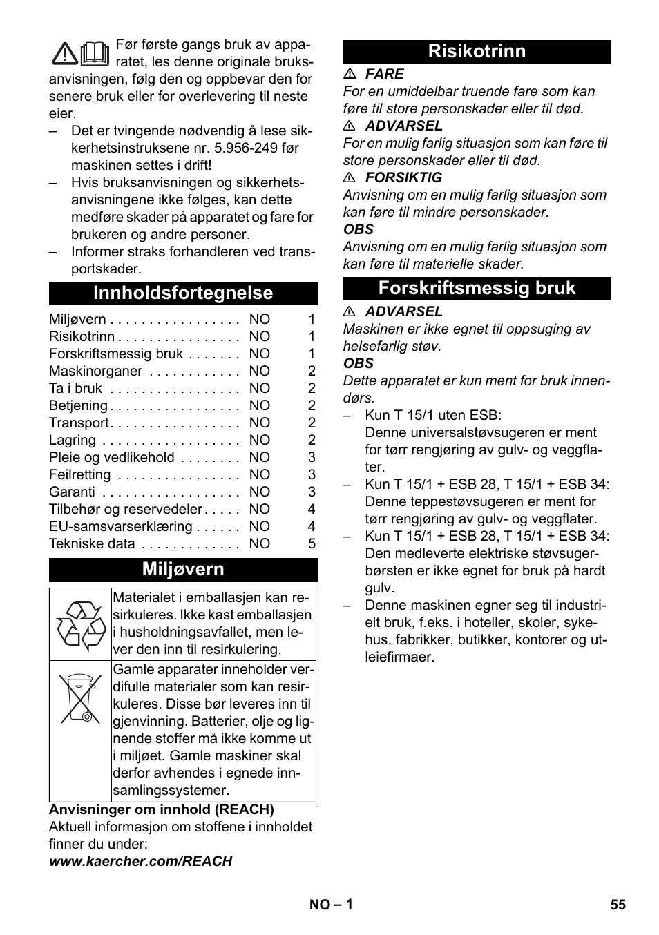 Norsk, Innholdsfortegnelse, Miljøvern | Risikotrinn, Forskriftsmessig bruk, Risikotrinn forskriftsmessig bruk | Karcher T 15-1 eco!efficiency User Manual | Page 55 / 176