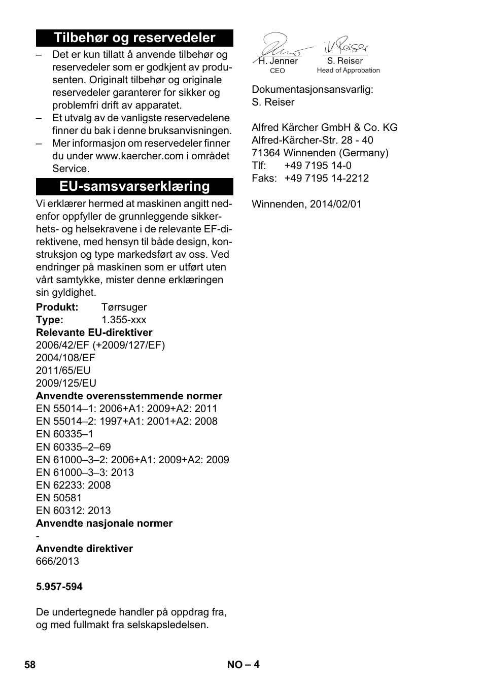 Tilbehør og reservedeler, Eu-samsvarserklæring, Tilbehør og reservedeler eu-samsvarserklæring | Karcher T 15-1 eco!efficiency User Manual | Page 58 / 176