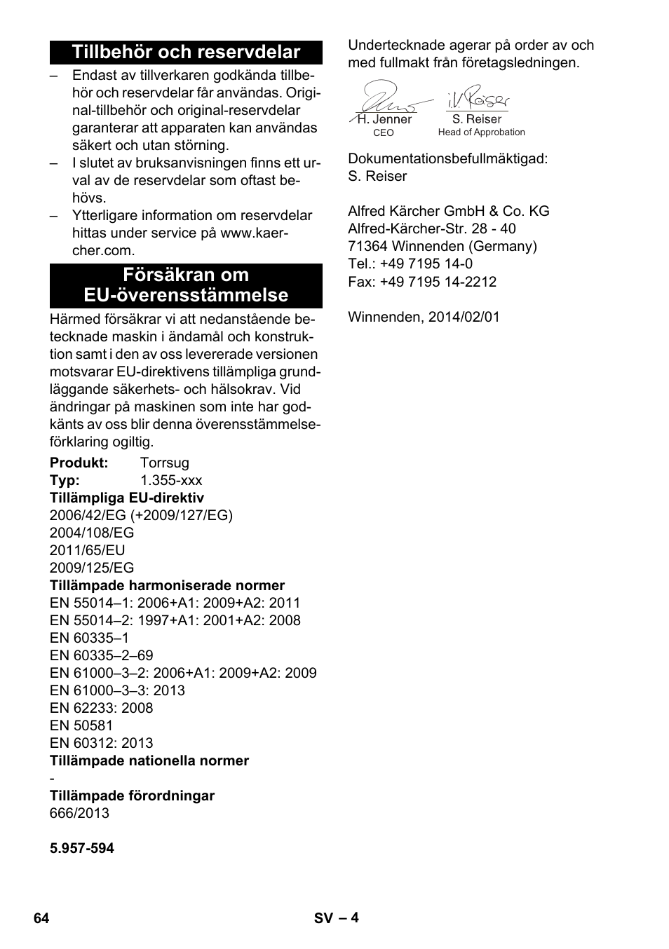 Tillbehör och reservdelar, Försäkran om eu-överensstämmelse | Karcher T 15-1 eco!efficiency User Manual | Page 64 / 176