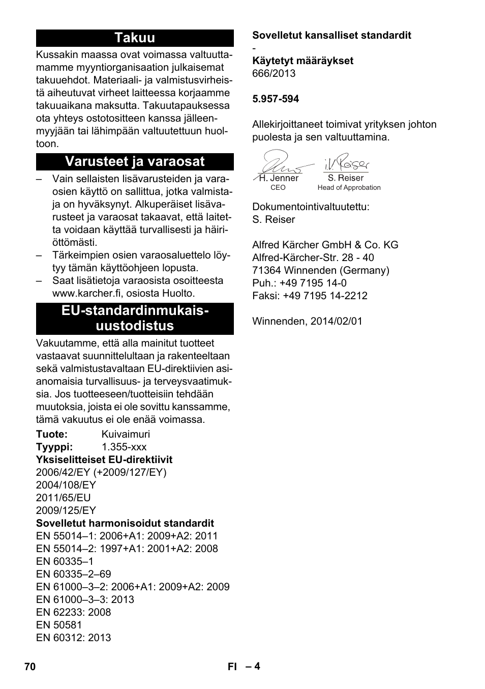 Takuu, Varusteet ja varaosat, Eu-standardinmukais- uustodistus | Karcher T 15-1 eco!efficiency User Manual | Page 70 / 176