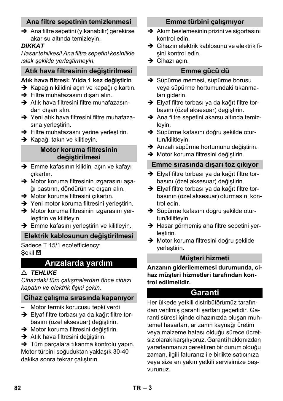 Ana filtre sepetinin temizlenmesi, Atık hava filtresinin değiştirilmesi, Motor koruma filtresinin değiştirilmesi | Elektrik kablosunun değiştirilmesi, Arızalarda yardım, Cihaz çalışma sırasında kapanıyor, Emme türbini çalışmıyor, Emme gücü dü, Emme sırasında dışarı toz çıkıyor, Müşteri hizmeti | Karcher T 15-1 eco!efficiency User Manual | Page 82 / 176