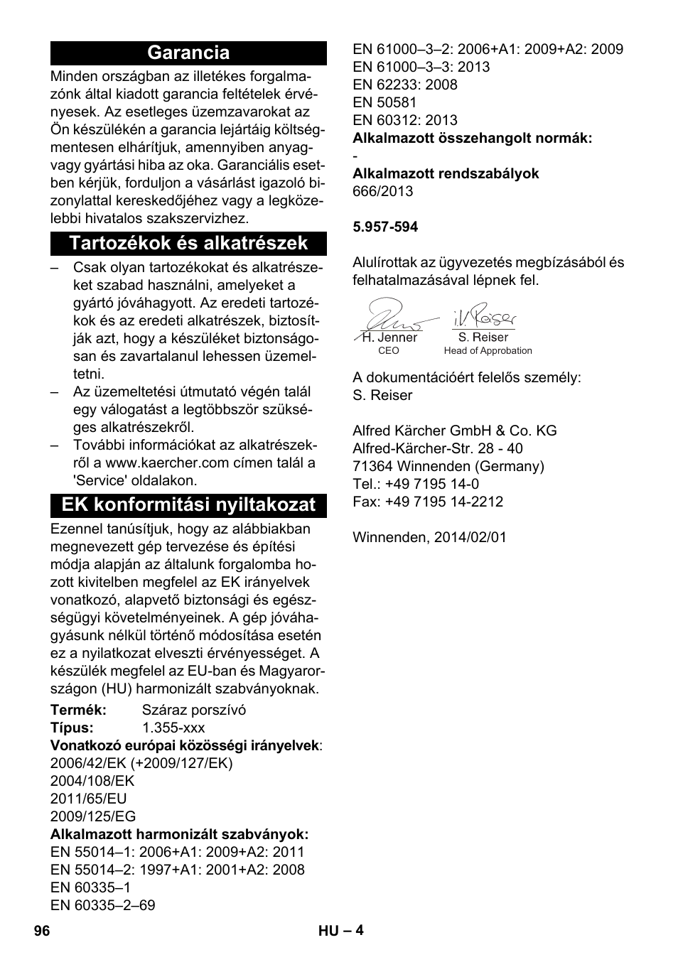 Garancia, Tartozékok és alkatrészek, Ek konformitási nyiltakozat | Karcher T 15-1 eco!efficiency User Manual | Page 96 / 176