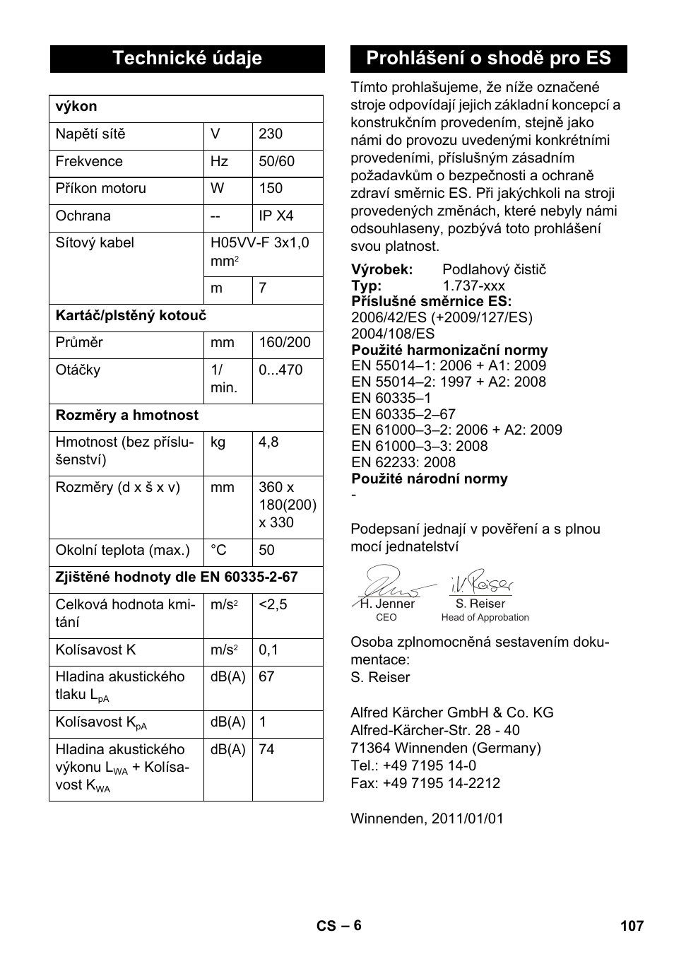 Technické údaje, Prohlášení o shodě pro es | Karcher BD 17-5 C User Manual | Page 107 / 160