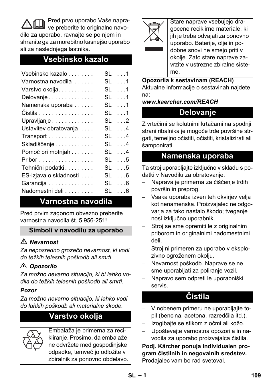 Slovenščina, Slovenšina, Vsebinsko kazalo | Varnostna navodila, Varstvo okolja, Delovanje namenska uporaba čistila | Karcher BD 17-5 C User Manual | Page 109 / 160