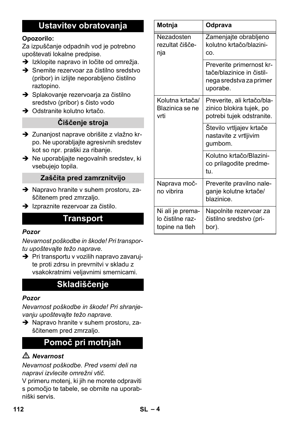 Ustavitev obratovanja, Transport skladiščenje pomoč pri motnjah | Karcher BD 17-5 C User Manual | Page 112 / 160