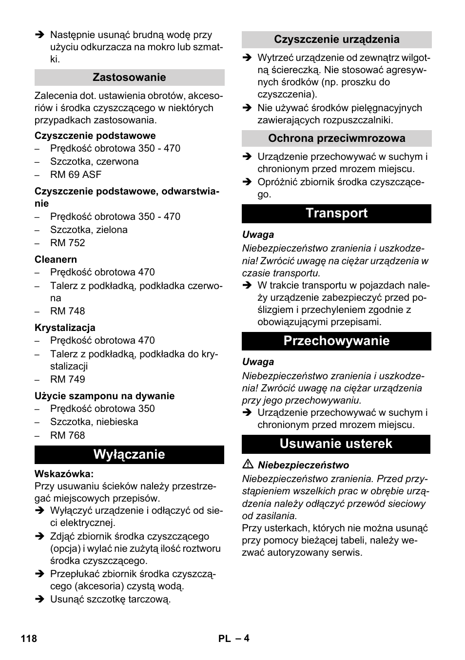 Wyłączanie, Transport przechowywanie usuwanie usterek | Karcher BD 17-5 C User Manual | Page 118 / 160