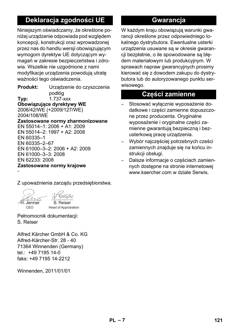 Deklaracja zgodności ue, Gwarancja części zamienne | Karcher BD 17-5 C User Manual | Page 121 / 160