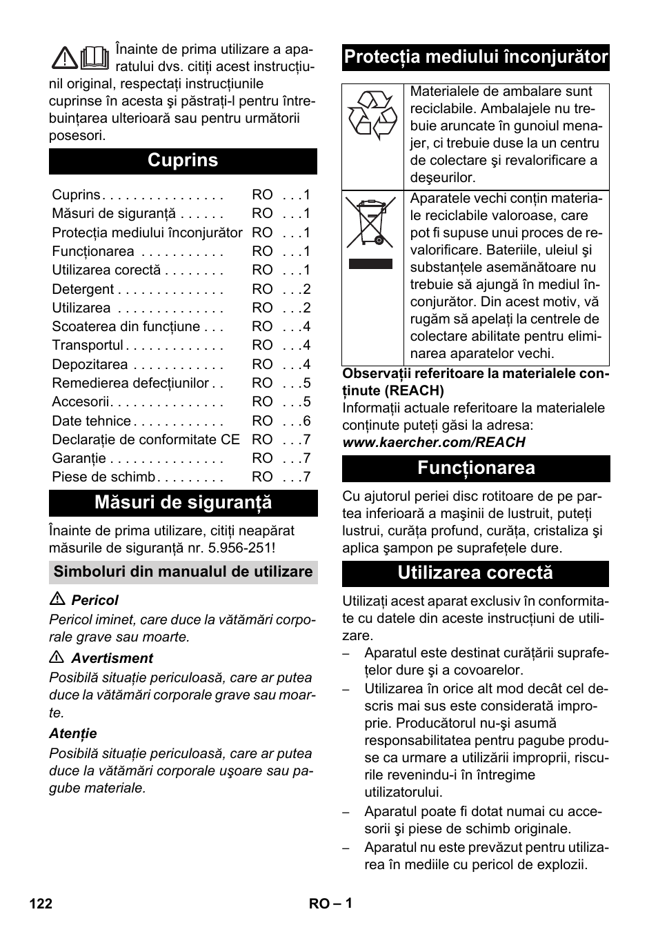 Româneşte, Românete, Cuprins | Măsuri de siguranţă, Protecţia mediului înconjurător, Funcţionarea utilizarea corectă | Karcher BD 17-5 C User Manual | Page 122 / 160