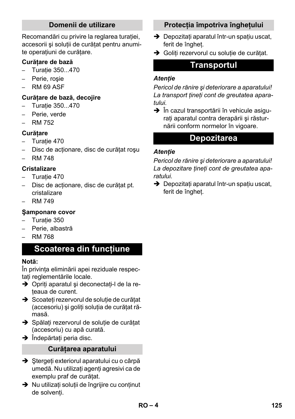 Scoaterea din funcţiune, Transportul depozitarea | Karcher BD 17-5 C User Manual | Page 125 / 160