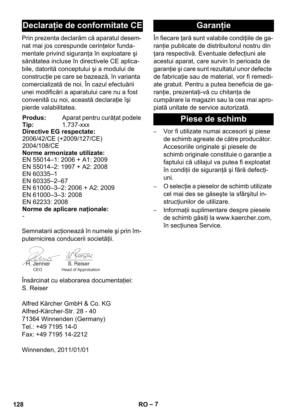 Declaraţie de conformitate ce, Garanţie piese de schimb | Karcher BD 17-5 C User Manual | Page 128 / 160