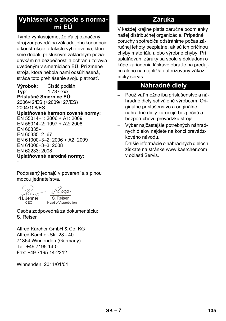 Vyhlásenie o zhode s norma- mi eú, Záruka náhradné diely | Karcher BD 17-5 C User Manual | Page 135 / 160