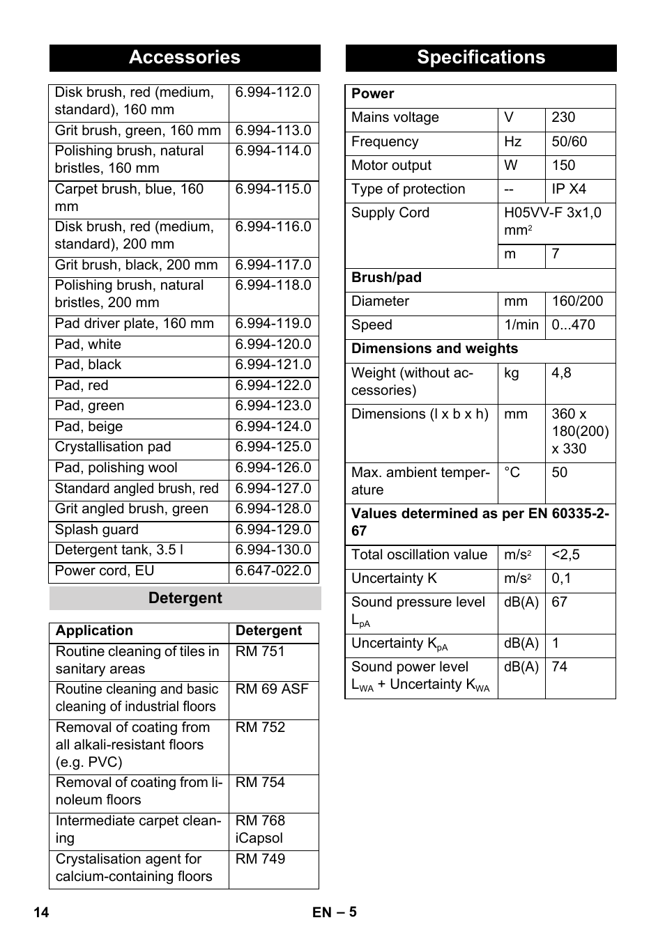 Accessories, Specifications | Karcher BD 17-5 C User Manual | Page 14 / 160