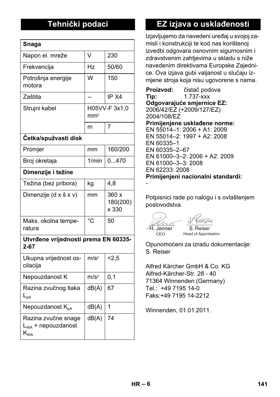 Tehnički podaci, Ez izjava o usklađenosti | Karcher BD 17-5 C User Manual | Page 141 / 160