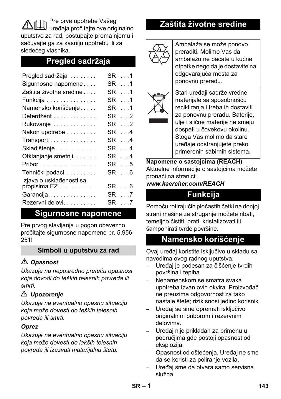 Srpski, Pregled sadržaja, Sigurnosne napomene | Zaštita životne sredine, Funkcija namensko korišćenje | Karcher BD 17-5 C User Manual | Page 143 / 160