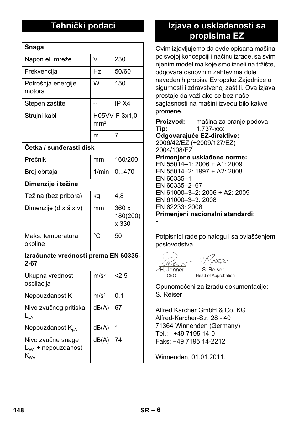 Tehnički podaci, Izjava o usklađenosti sa propisima ez | Karcher BD 17-5 C User Manual | Page 148 / 160