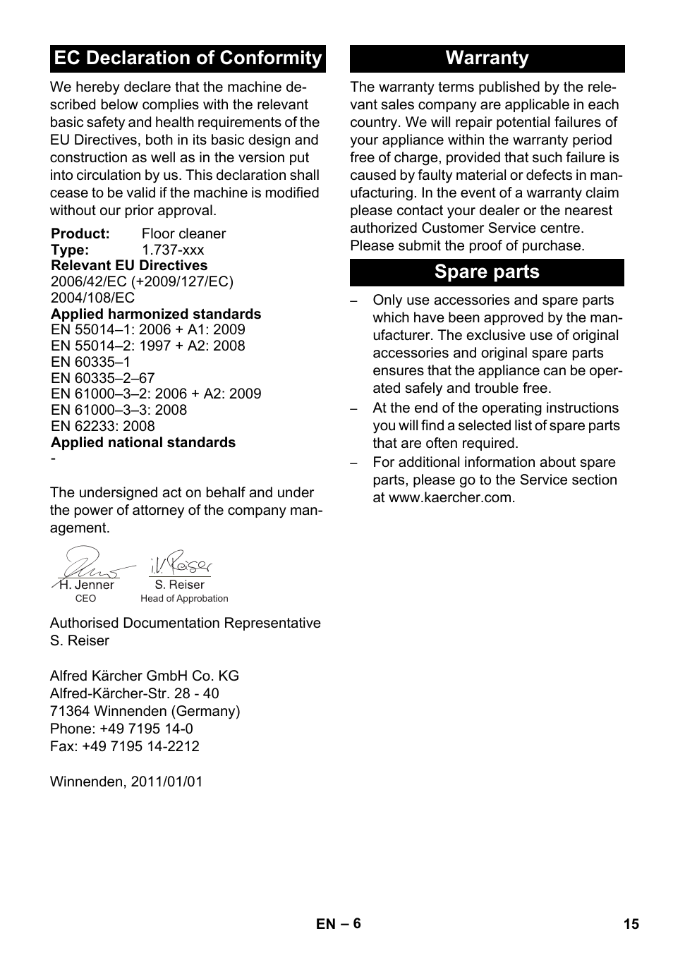Ec declaration of conformity, Warranty spare parts | Karcher BD 17-5 C User Manual | Page 15 / 160