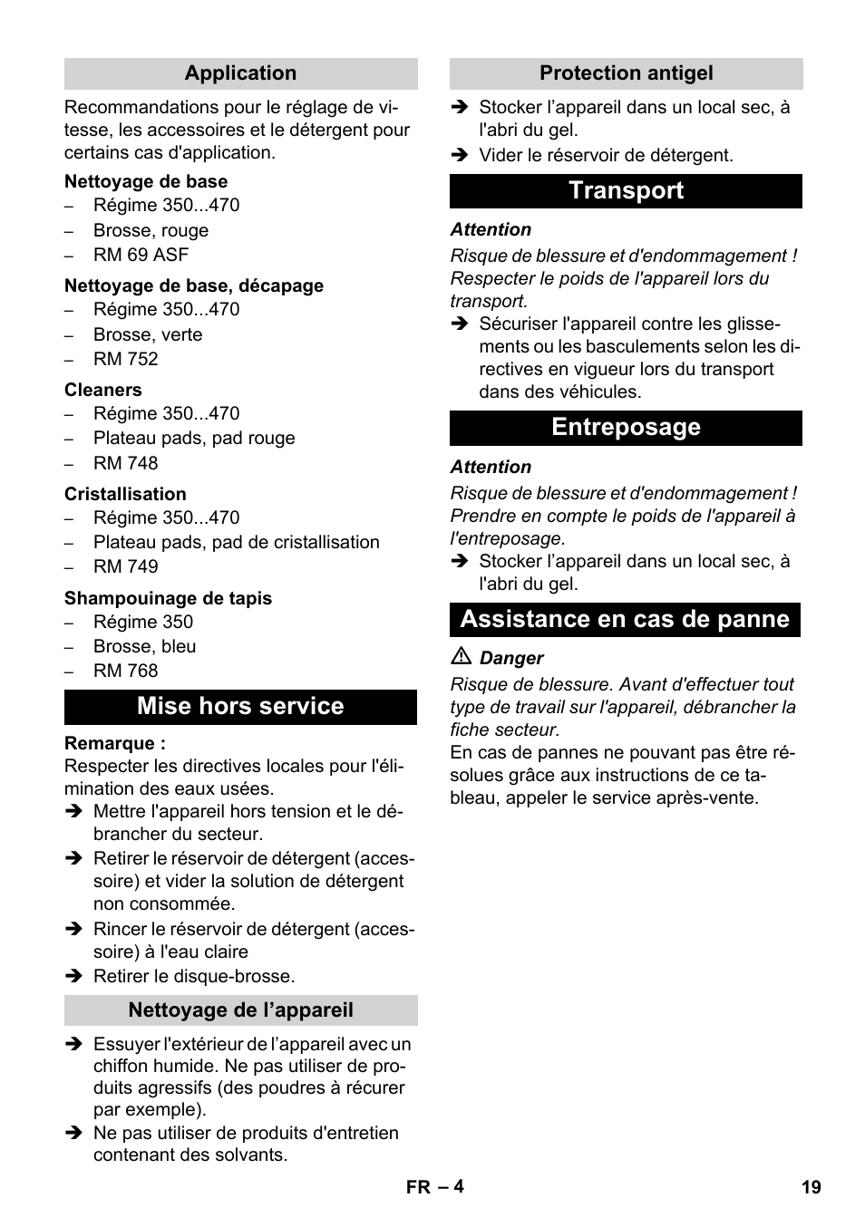 Mise hors service, Transport entreposage assistance en cas de panne | Karcher BD 17-5 C User Manual | Page 19 / 160