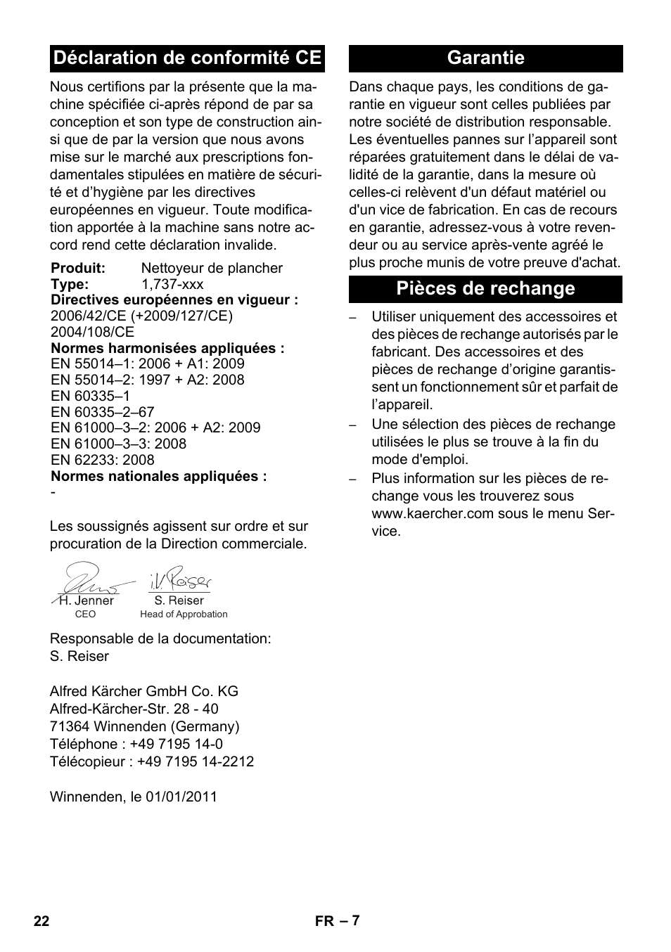 Déclaration de conformité ce, Garantie pièces de rechange | Karcher BD 17-5 C User Manual | Page 22 / 160