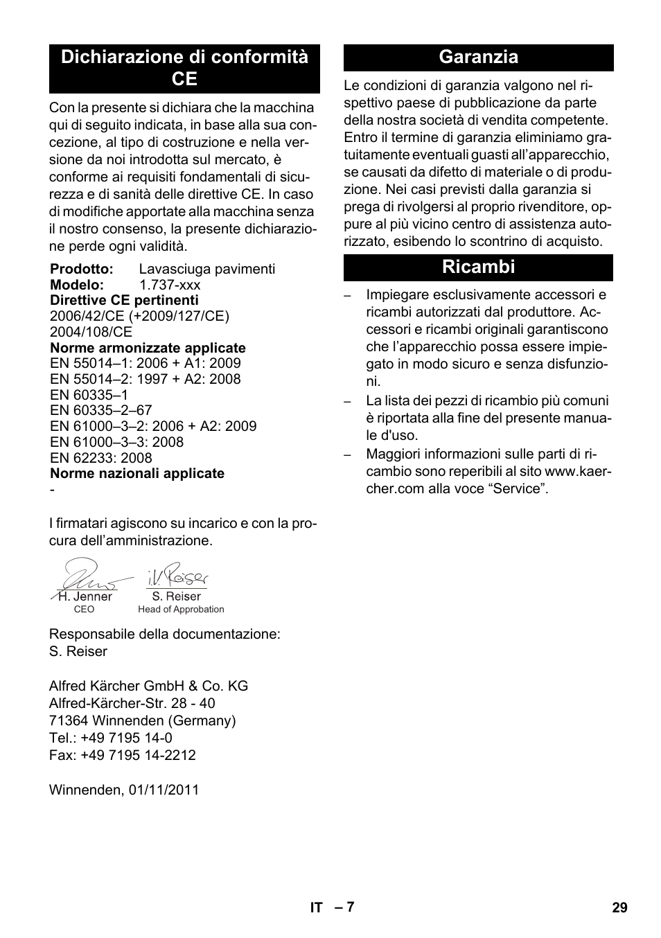 Dichiarazione di conformità ce, Garanzia ricambi | Karcher BD 17-5 C User Manual | Page 29 / 160