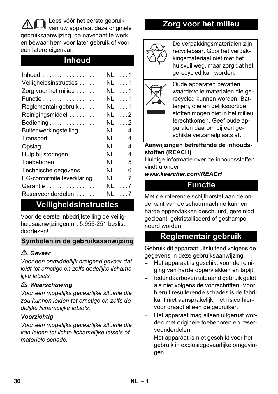 Nederlands, Inhoud, Veiligheidsinstructies | Zorg voor het milieu, Functie reglementair gebruik | Karcher BD 17-5 C User Manual | Page 30 / 160