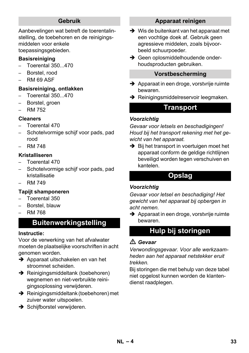 Buitenwerkingstelling, Transport opslag hulp bij storingen | Karcher BD 17-5 C User Manual | Page 33 / 160