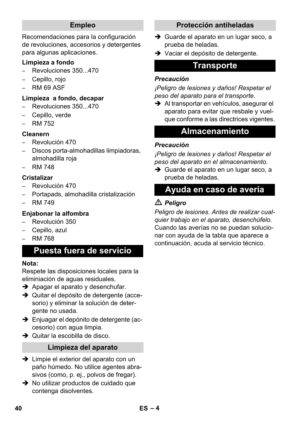 Puesta fuera de servicio, Transporte almacenamiento ayuda en caso de avería | Karcher BD 17-5 C User Manual | Page 40 / 160