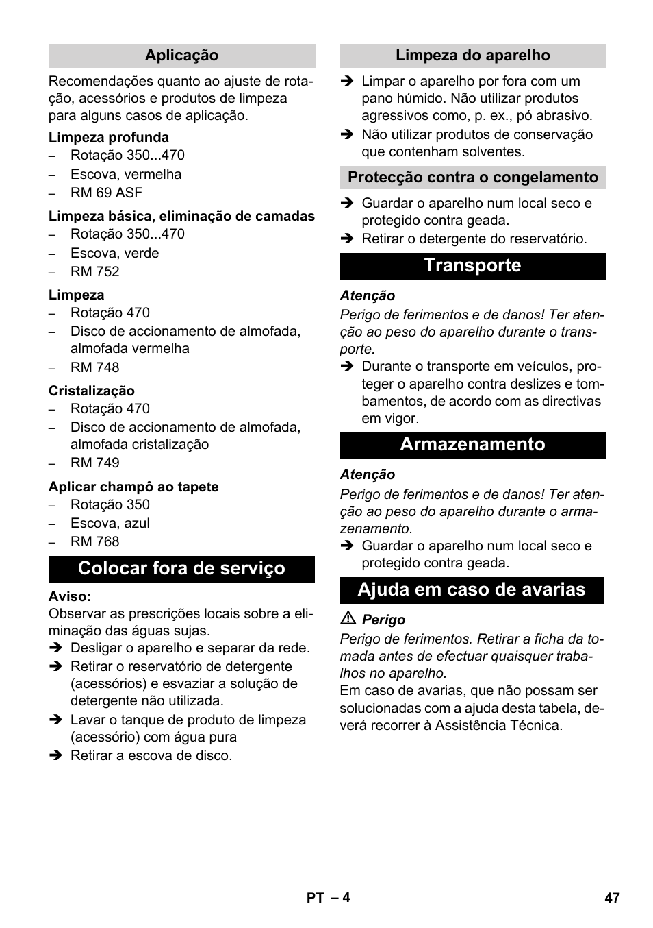 Colocar fora de serviço, Transporte armazenamento ajuda em caso de avarias | Karcher BD 17-5 C User Manual | Page 47 / 160
