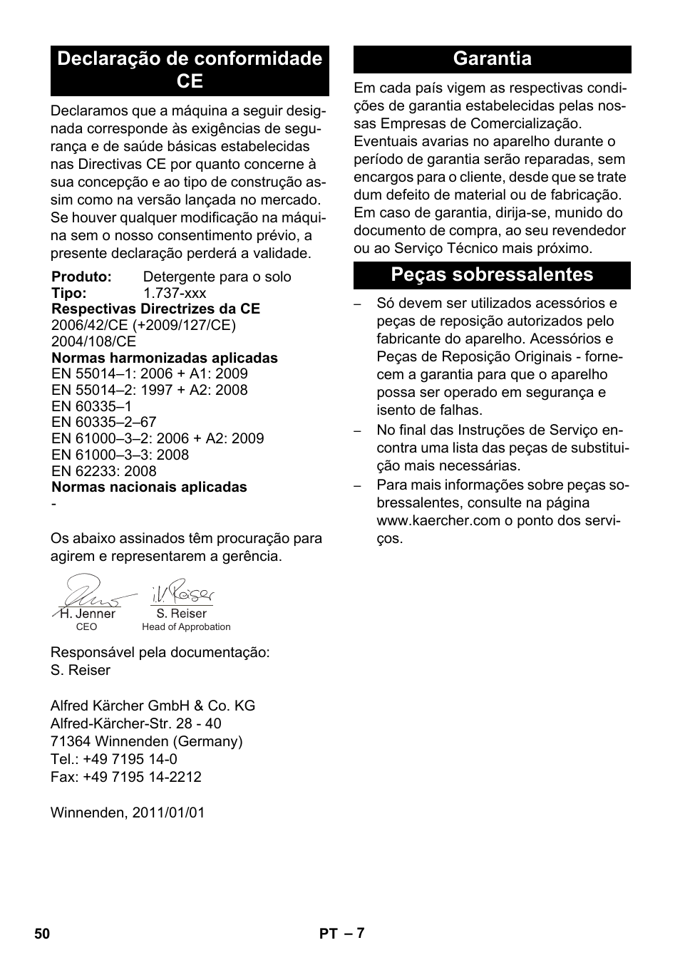 Declaração de conformidade ce, Garantia peças sobressalentes | Karcher BD 17-5 C User Manual | Page 50 / 160