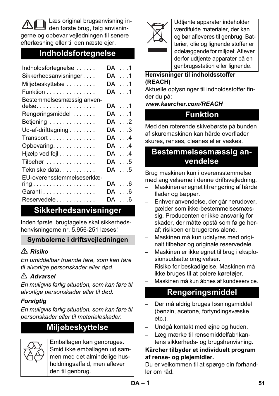 Dansk, Indholdsfortegnelse, Sikkerhedsanvisninger | Miljøbeskyttelse | Karcher BD 17-5 C User Manual | Page 51 / 160