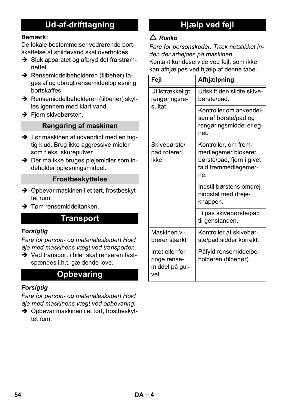 Ud-af-drifttagning, Transport opbevaring hjælp ved fejl | Karcher BD 17-5 C User Manual | Page 54 / 160