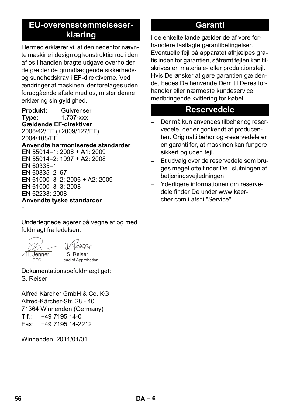 Eu-overensstemmelseser- klæring, Garanti reservedele | Karcher BD 17-5 C User Manual | Page 56 / 160