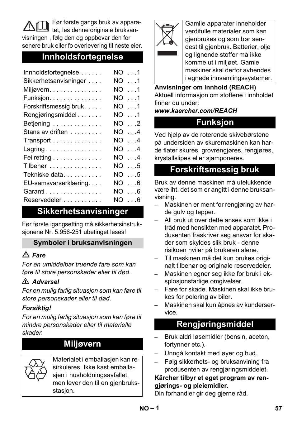 Norsk, Innholdsfortegnelse, Sikkerhetsanvisninger | Miljøvern, Funksjon forskriftsmessig bruk rengjøringsmiddel | Karcher BD 17-5 C User Manual | Page 57 / 160