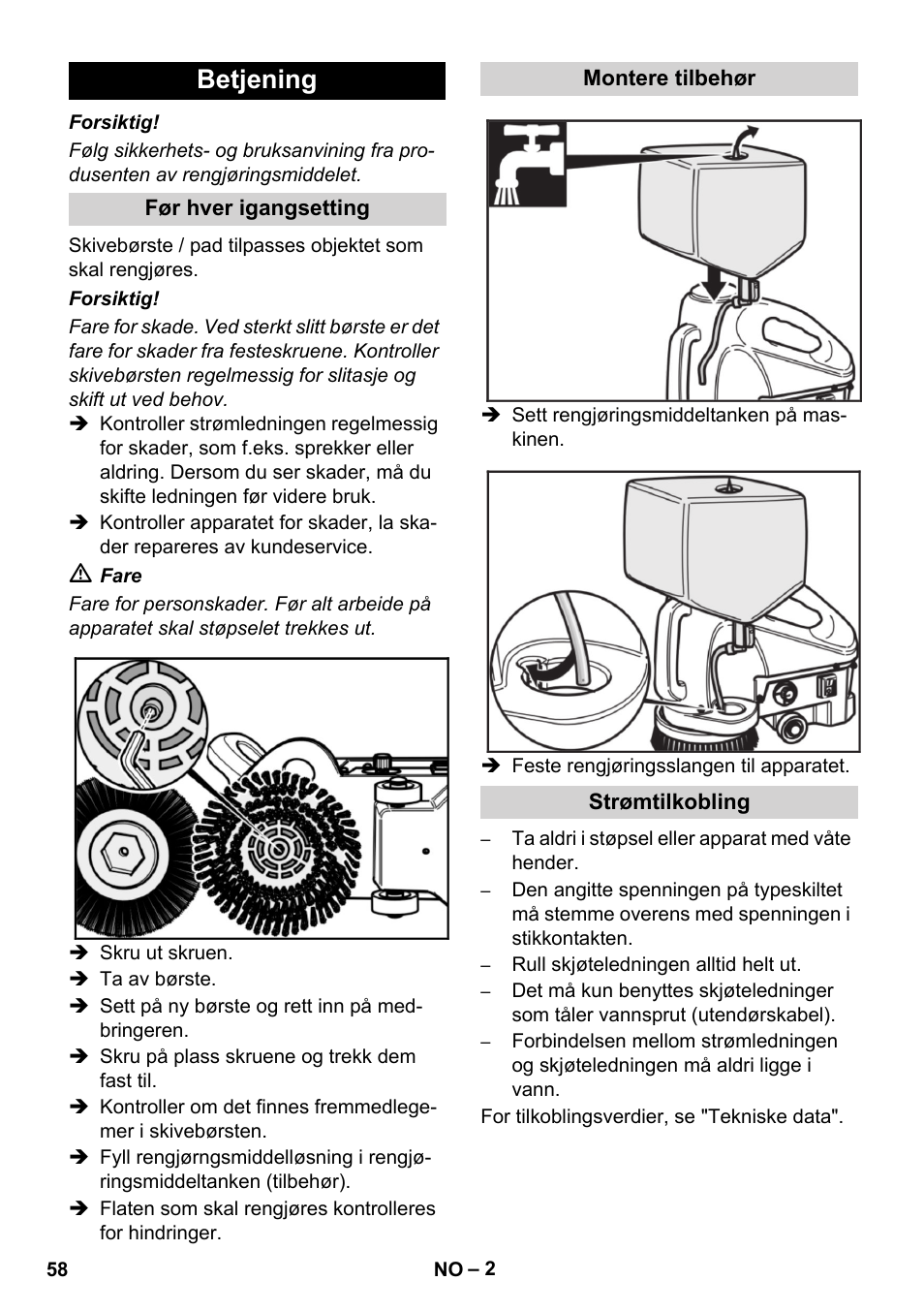 Betjening | Karcher BD 17-5 C User Manual | Page 58 / 160